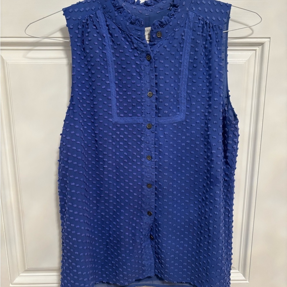 J.Crew Silk Clip Dot Sleeveless Ruffle Blouse Size 4 Royal Blue